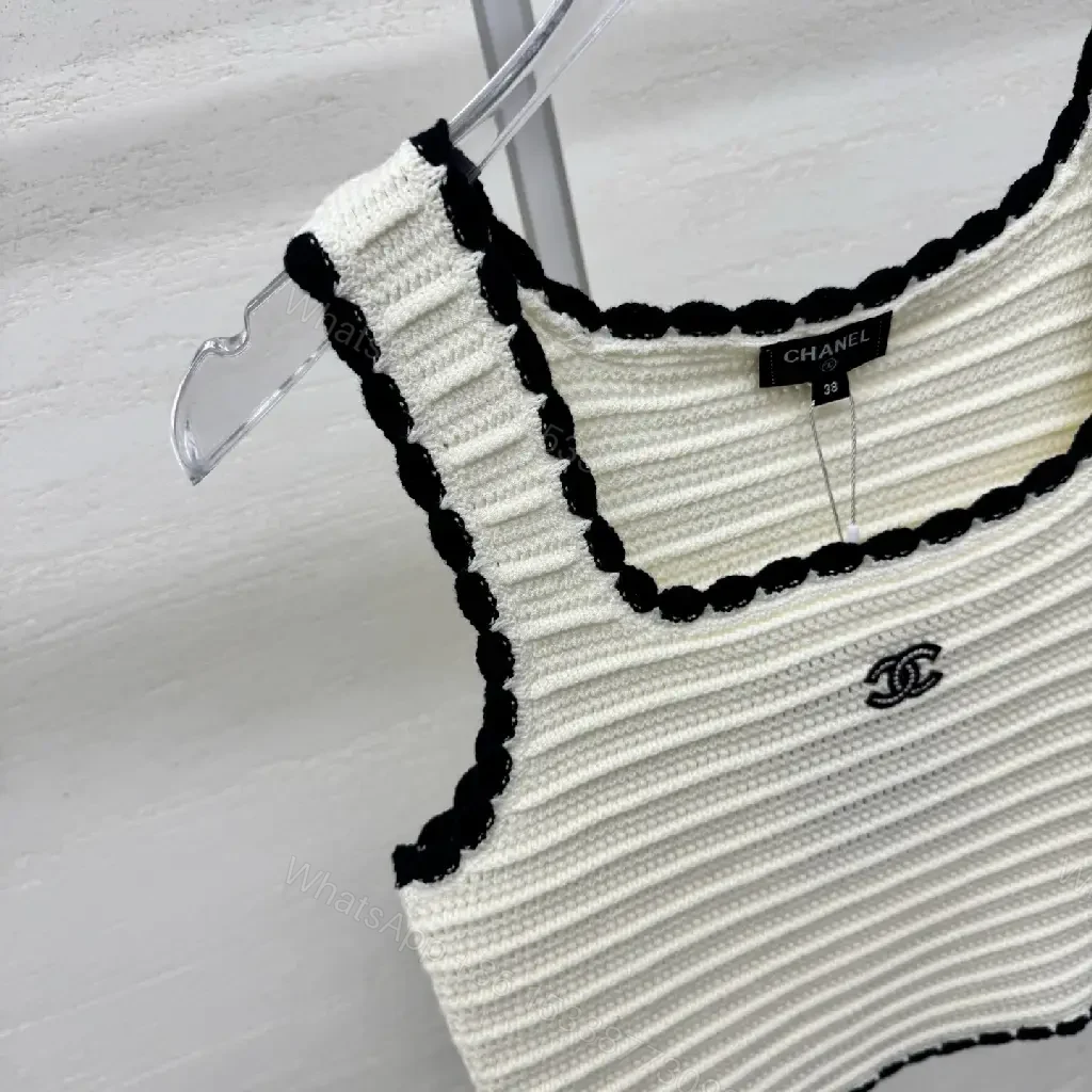 View 9 of Ivory Knit Crop Top with Black Piping, Luxe Knitwear Top