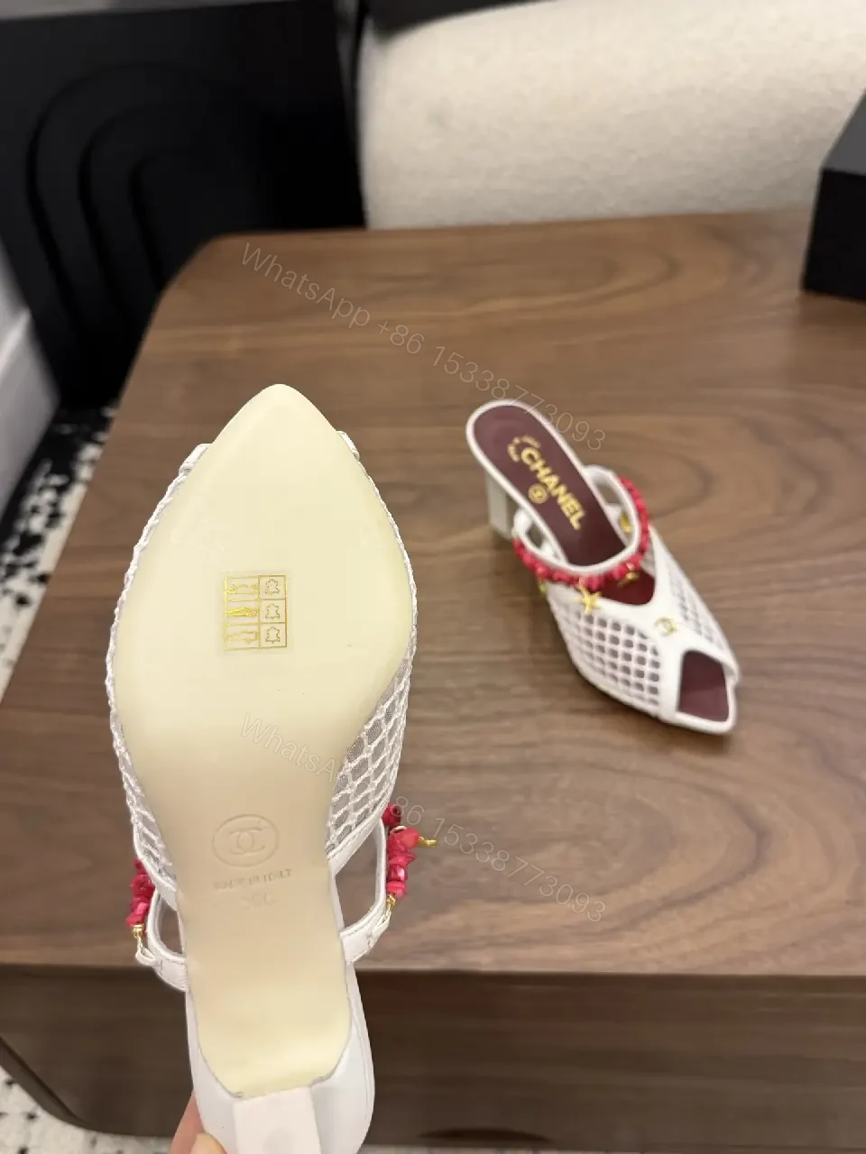 View 8 of White Mesh Slingback Heels with Red Bead Trim, Chanel Style