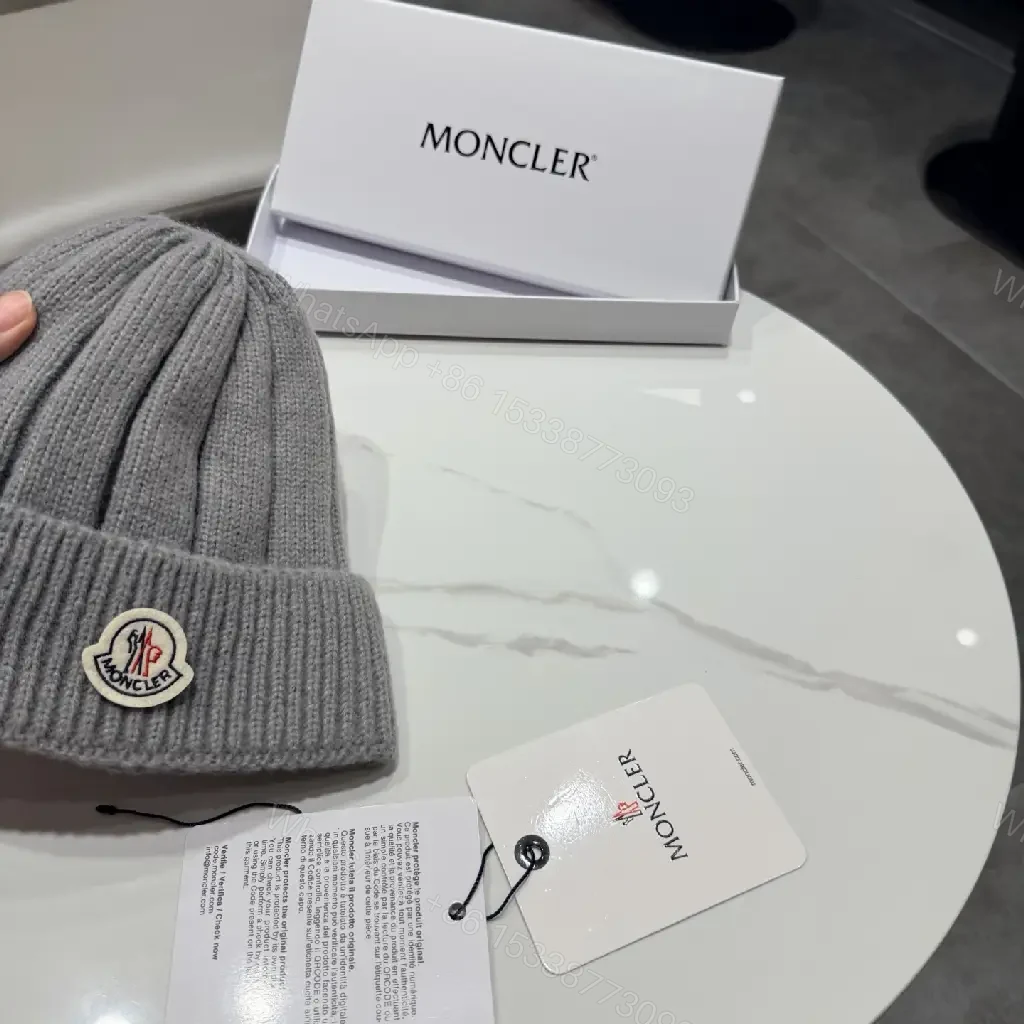 View 4 of Gray Knit Beanie, Moncler Crest, Luxury Streetwear Style, Warmth Ready