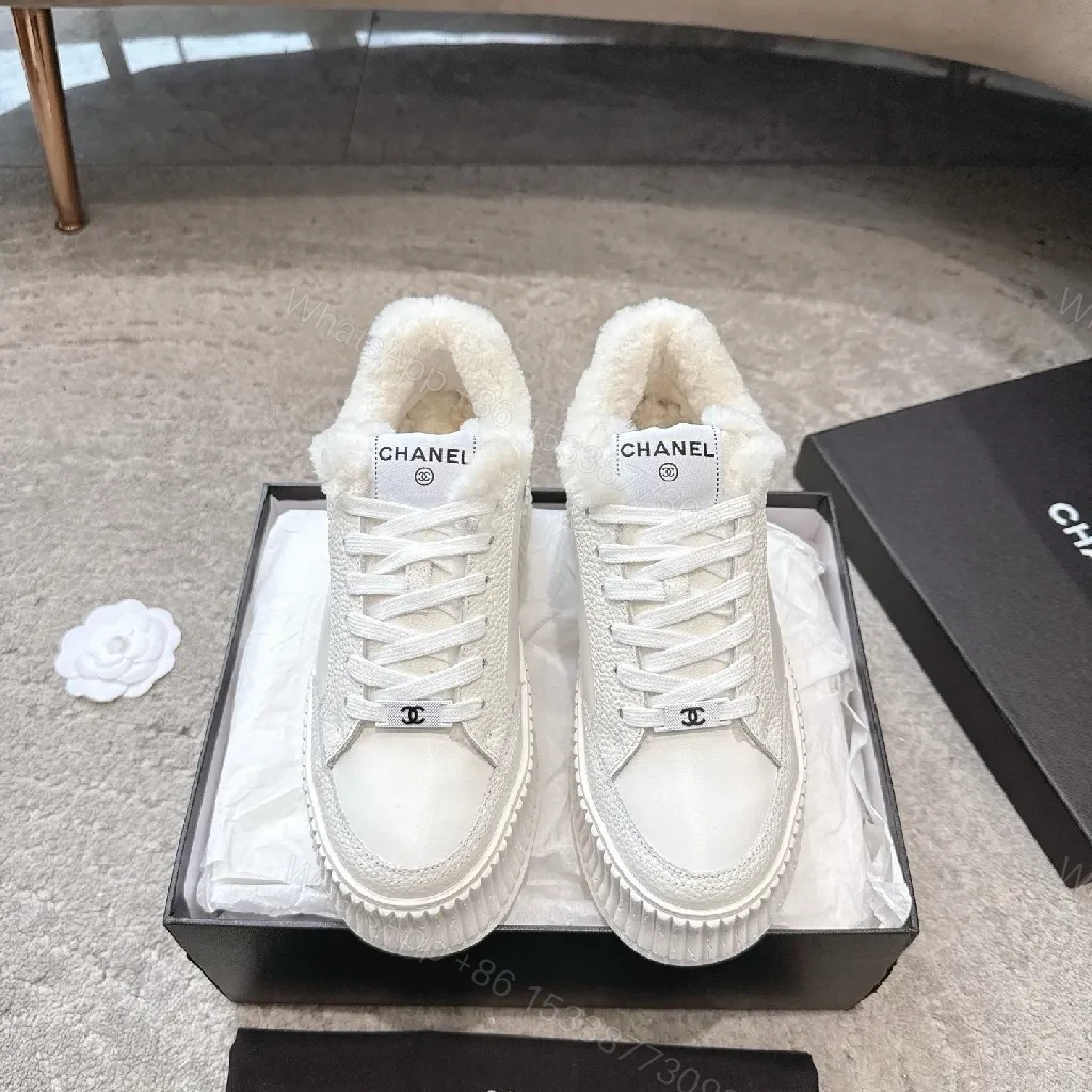 View 2 of White Leather Platform Sneakers with Plush Shearling