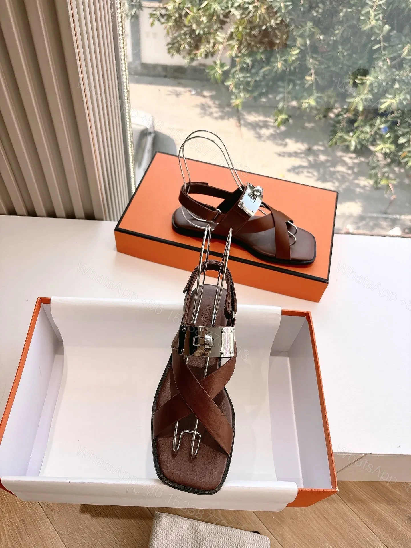 View 4 of Hermes Women Brown Leather Sandals