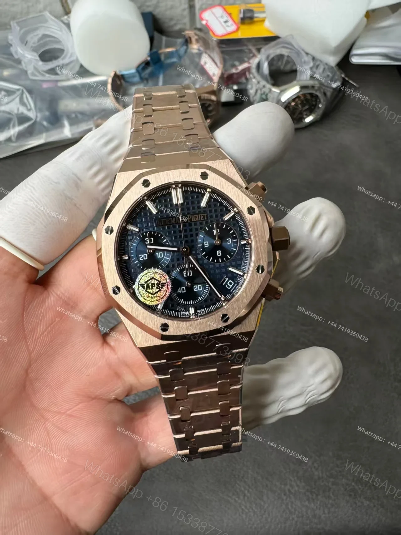 View 6 of Audemars Piguet Super Clone Royal Oak Rose Gold Blue Dial 26240 Chronograph 41mm Cal.4401