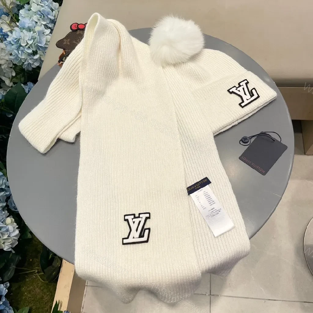 View 4 of White Knit Beanie & Scarf Set - Plush Warmth, Subtle Logo