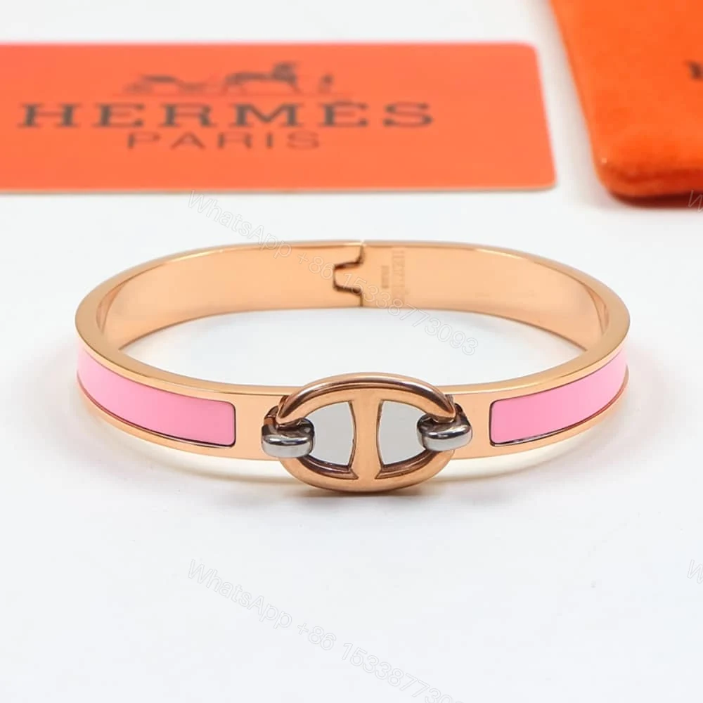 View 2 of Hermes Mini Clic Anchor Chain Bracelet Rose Gold Tone With Light Pink H209000FO1ZPM