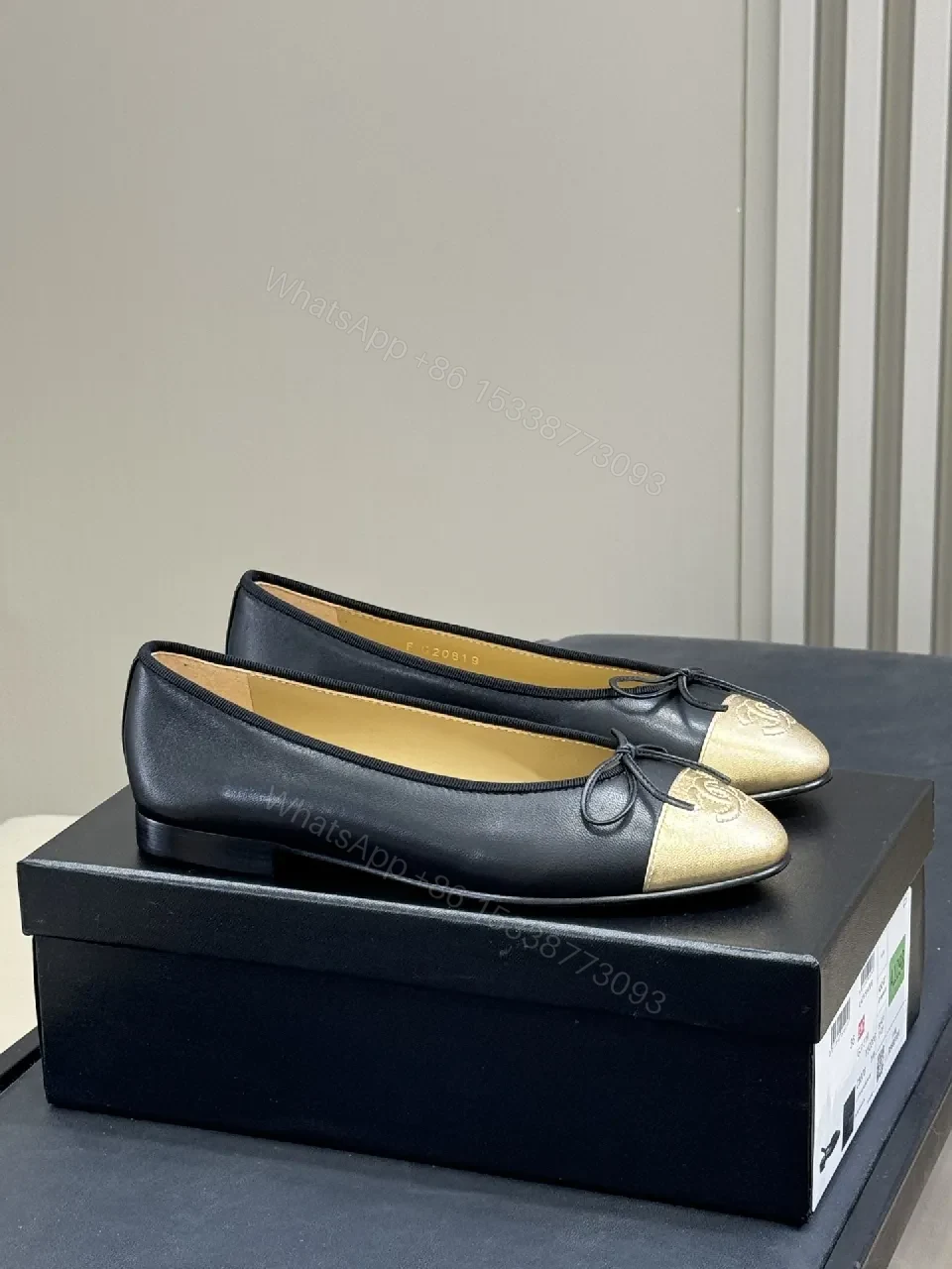 View 7 of Black Leather Ballet Flats with Gold Cap Toe, Sleek, Comfortable, Designer-Inspired