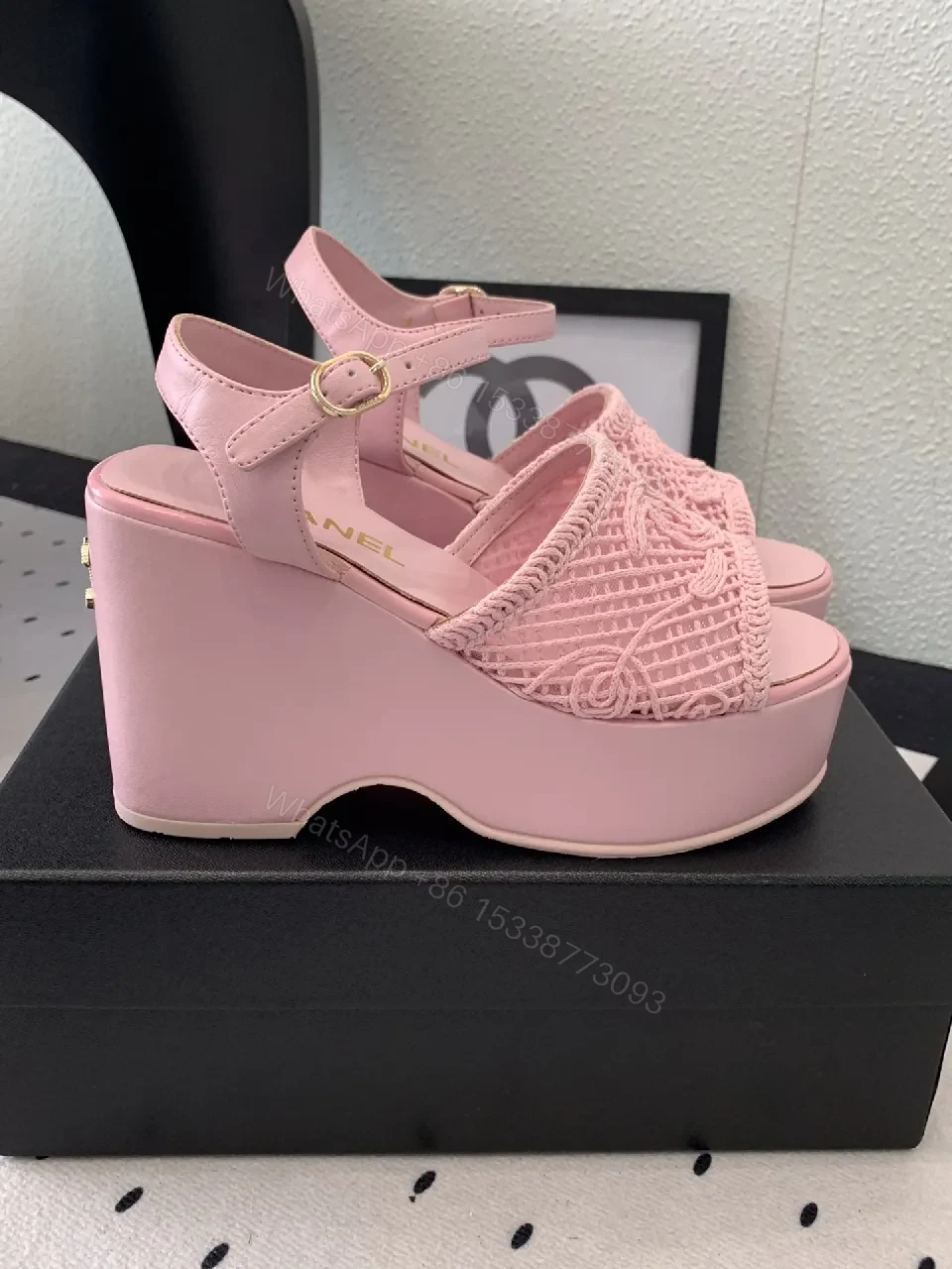 View 4 of Pink Knit-strap Platform Sandals with Pave Textured Sole