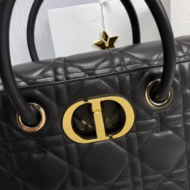 View 3 of Black Leather Quilted Handbag with Gold Dior Emblem - Luxury Everyday