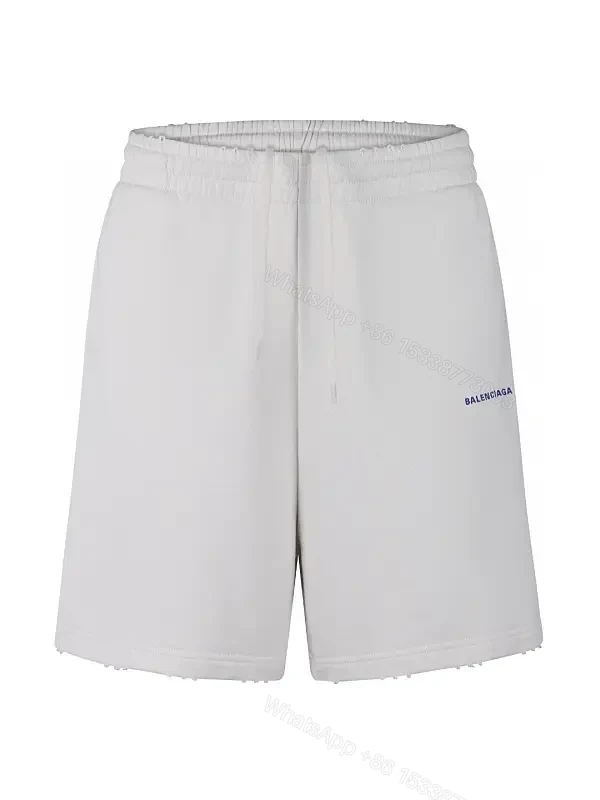 White Cotton Shorts, Relaxed, Drawstring Waist, Balenciaga Logo Short — view 1