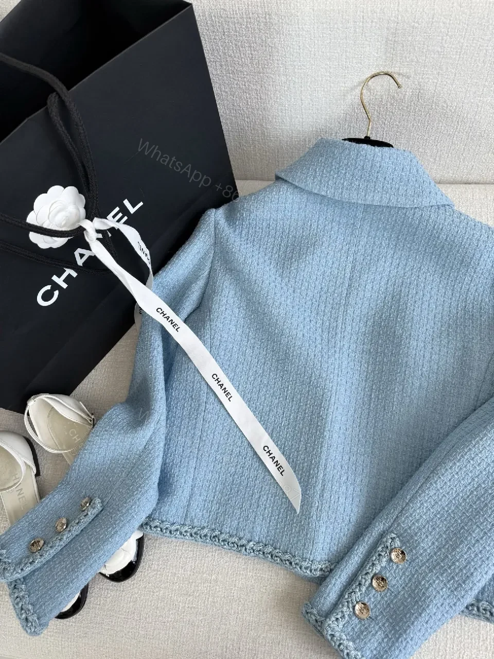 View 2 of Soft Blue Tweed Jacket with Fringe Detail, Light-Cropped Style