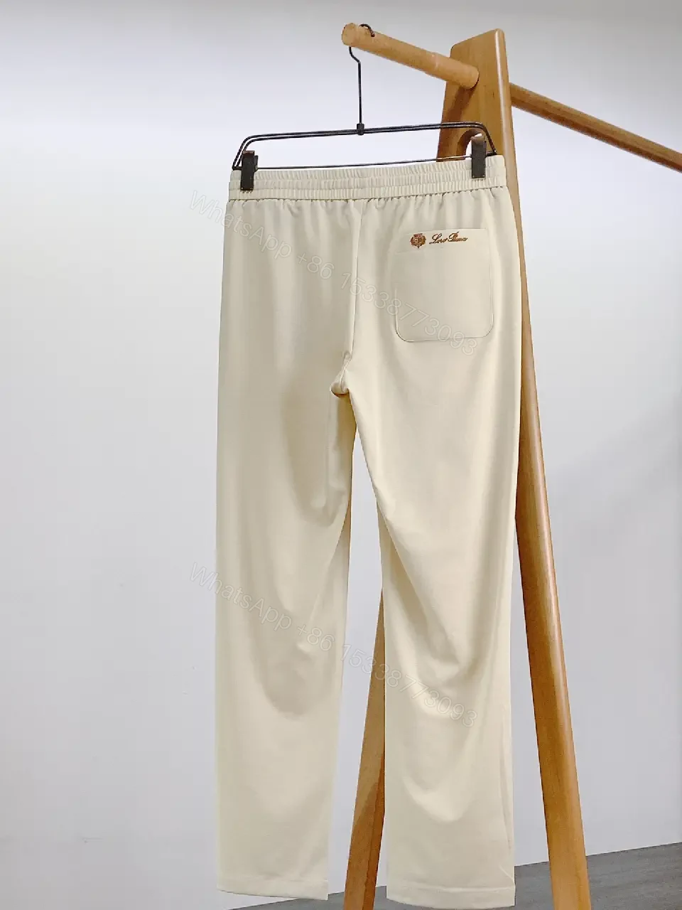 View 6 of Light Beige Drawstring Relaxed Pants with Elastic Waist, Smooth Solid Fabric, Full-Length Straight-Leg