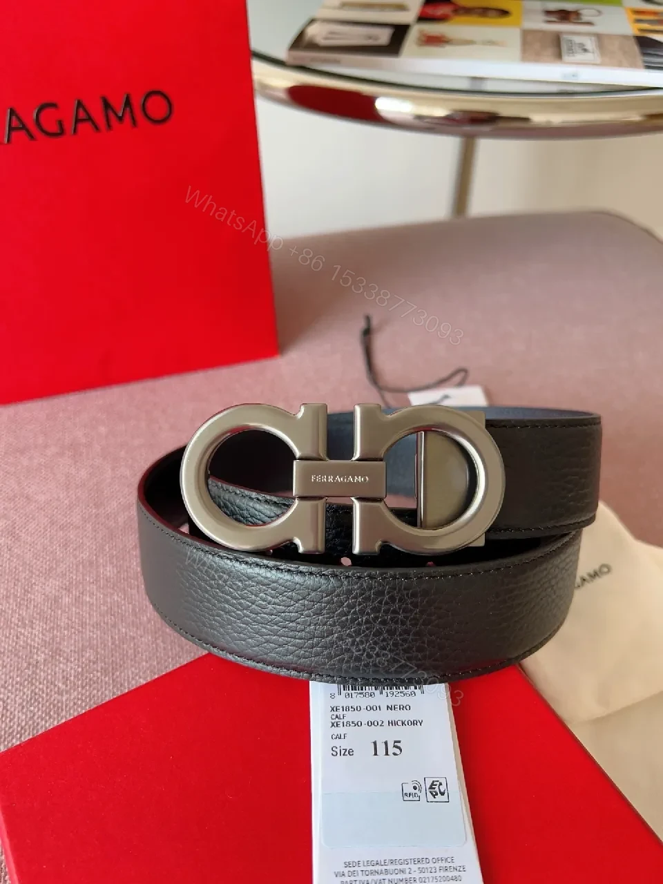 View 3 of Pebble Leather Belt with Bold Ferragamo-Style Buckle, Black, 1.5"