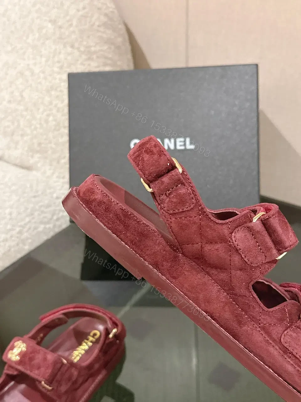 View 9 of Textured Burgundy Suede Slides with Gold Hardware - Luxe Comfort