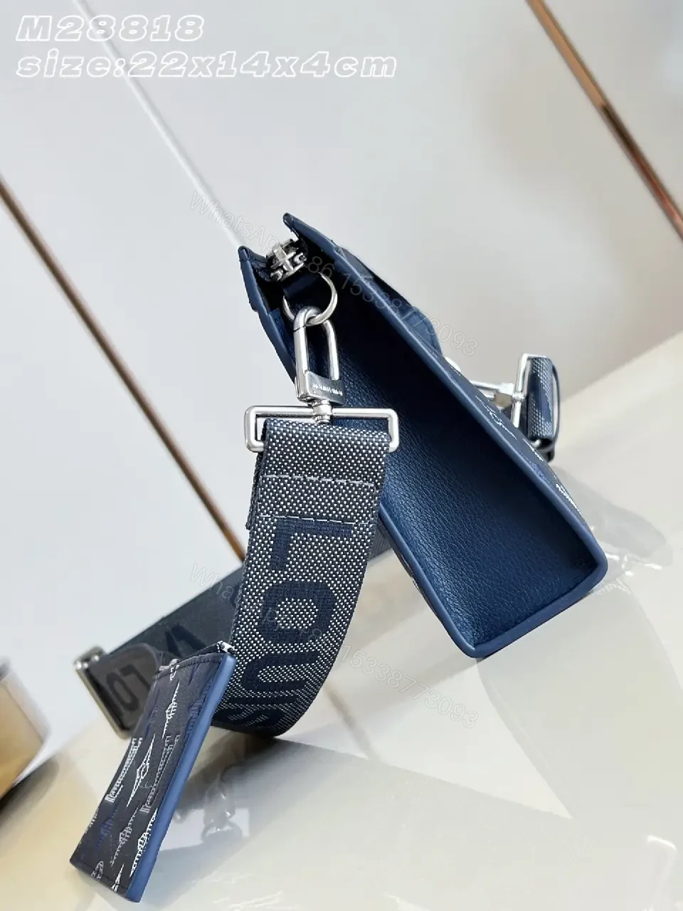 View 2 of Dark Blue Monogram Leather Crossbody with Flap and Silver Hardware