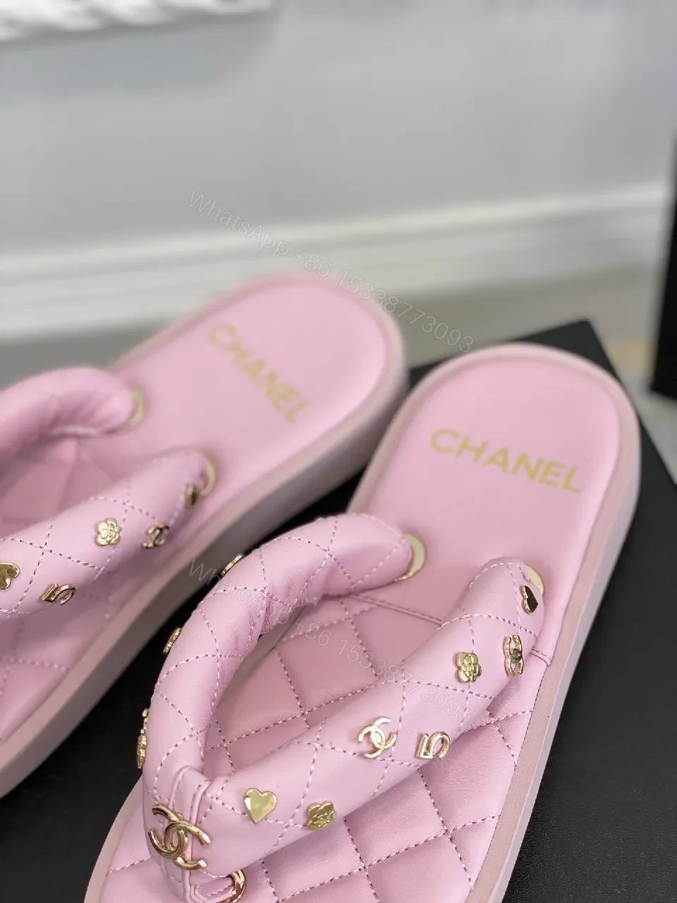View 7 of Pink Quilted Sandals with Gold Hardware Slide