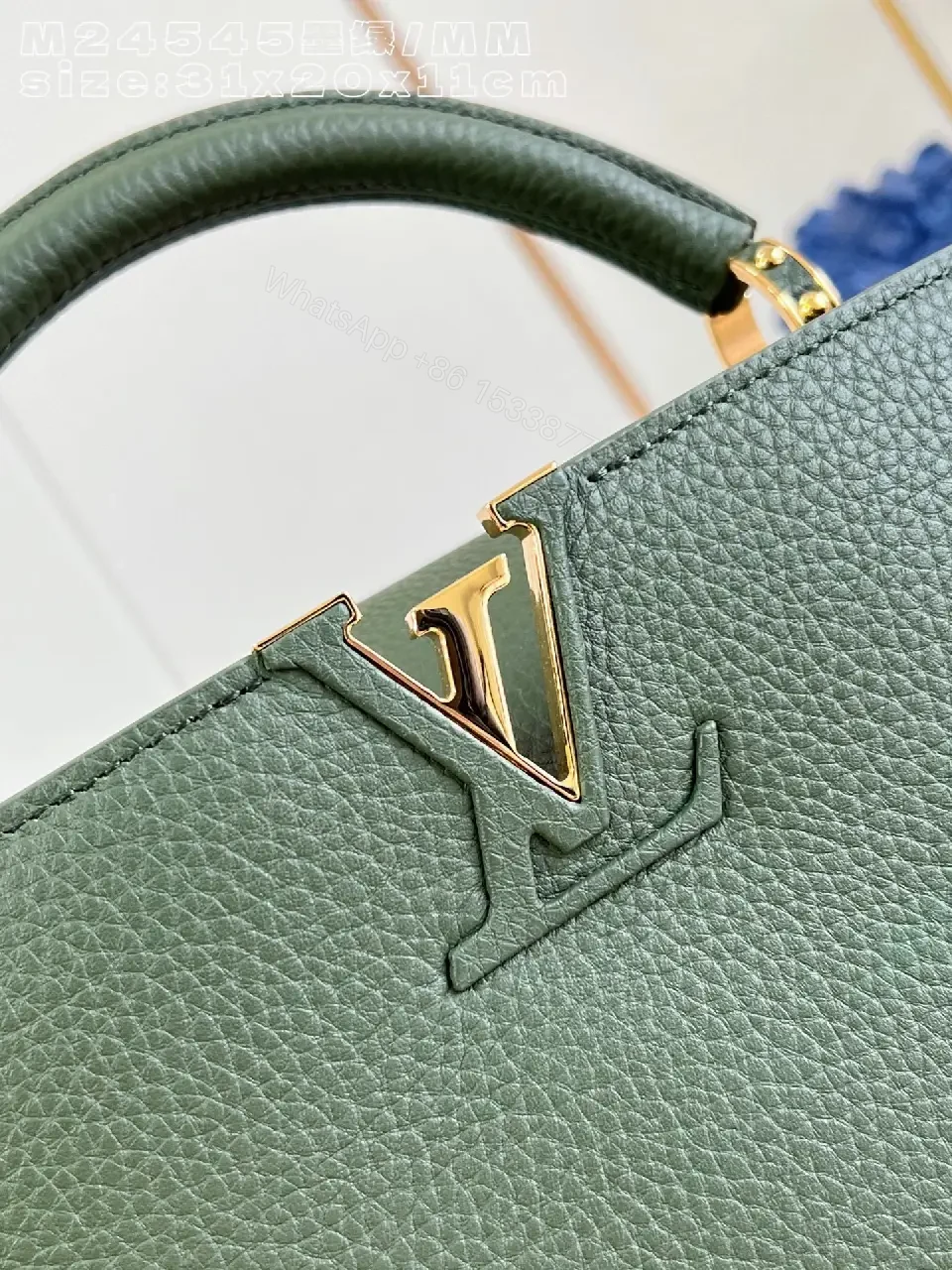 View 4 of Green Pebbled Satchel with Gold Hardware, Structured, Everyday Luxury Bag