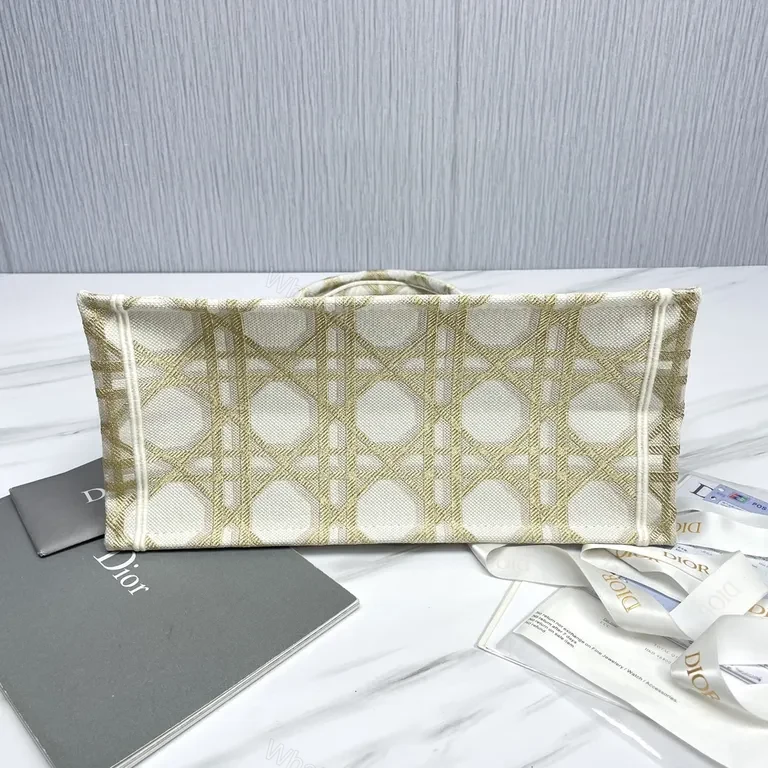 View 3 of Beige Structured Tote: Dior-Patterned Carryall with Signature Handles