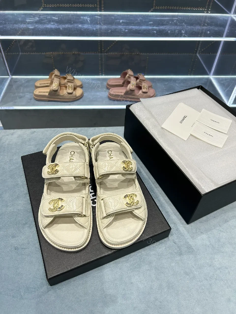 View 9 of Neutral Leather Quilted Sandals with Velcro Straps, Comfortable Luxury