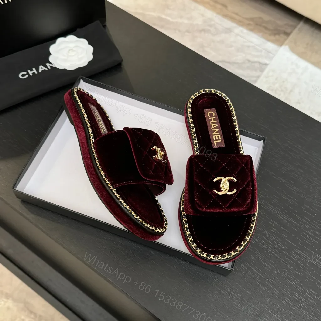 View 2 of Deep Wine Velvet Mules with Gold Chain Trim Slides