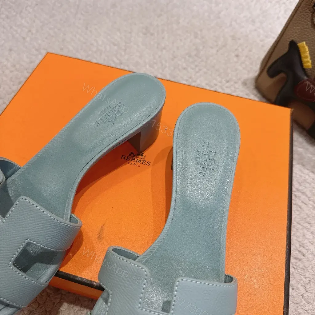 View 7 of Blue Leather Hermes-Style Sandals with Iconic H Strap
