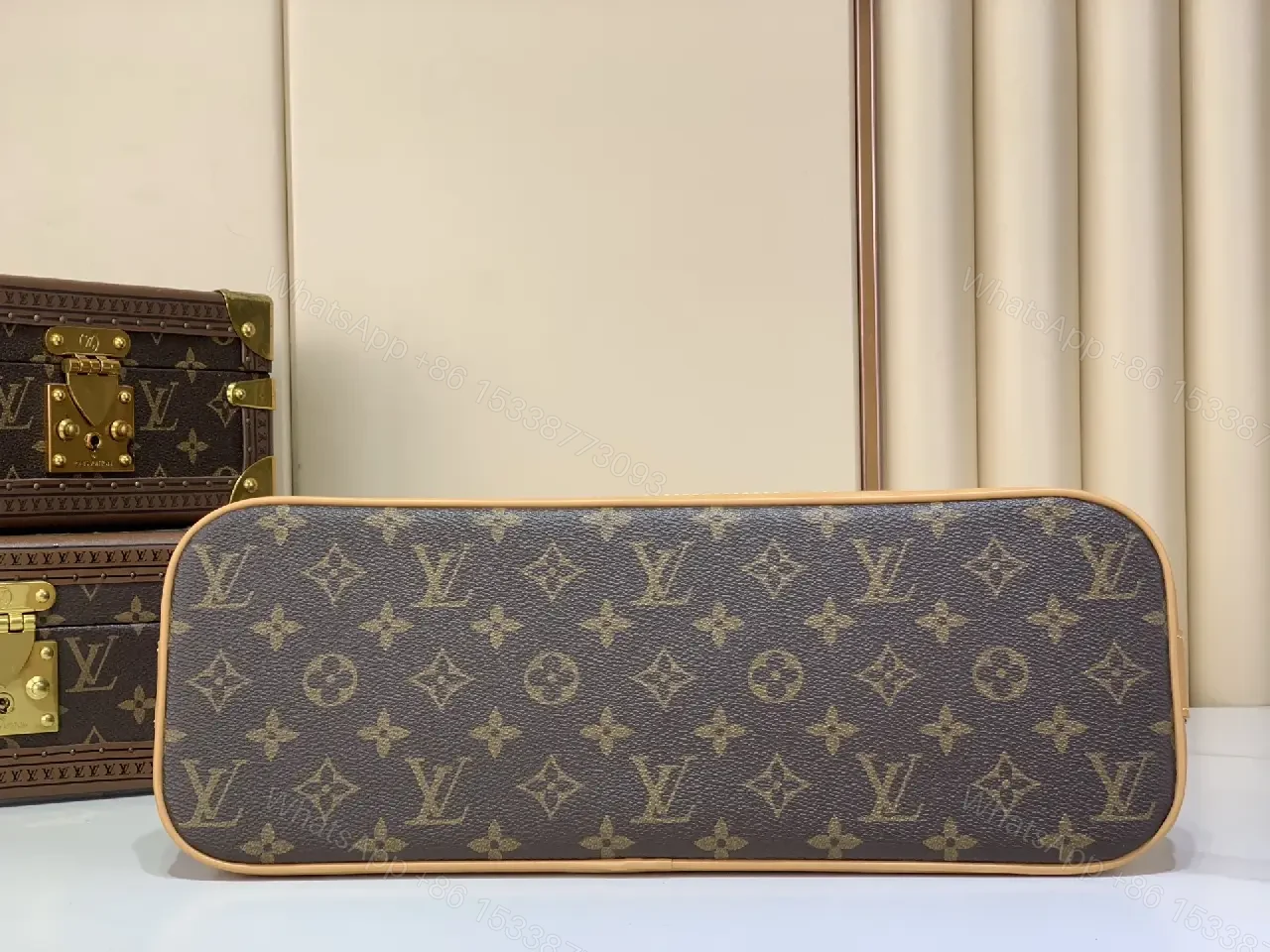 View 4 of Brown Canvas Tote with Tan Leather Trim, LV Monogram Style Handbag