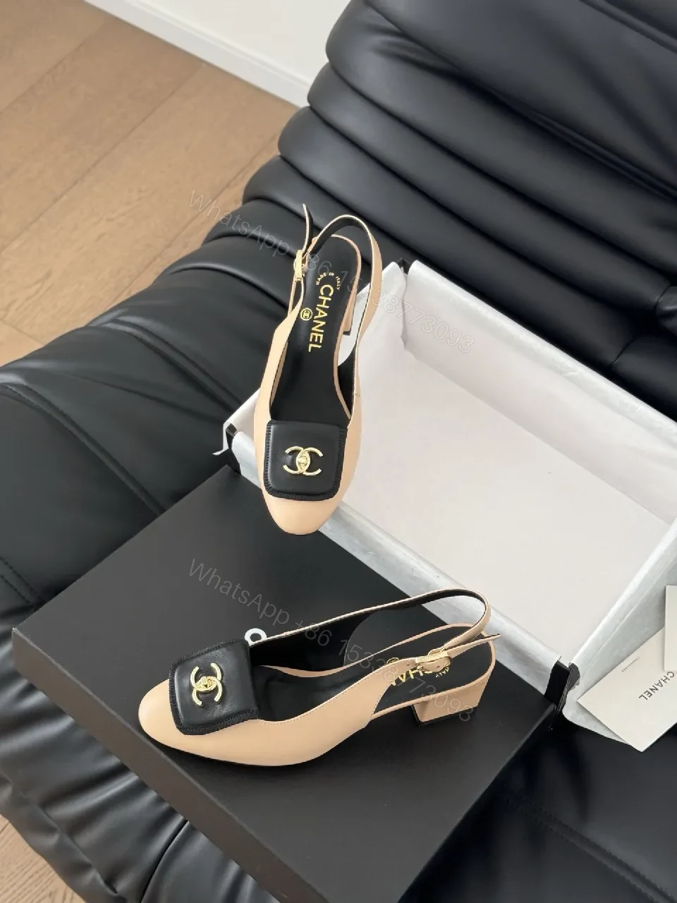 View 9 of Nude-Black Two-Tone Leather Slingback Sandals, Luxe Comfort