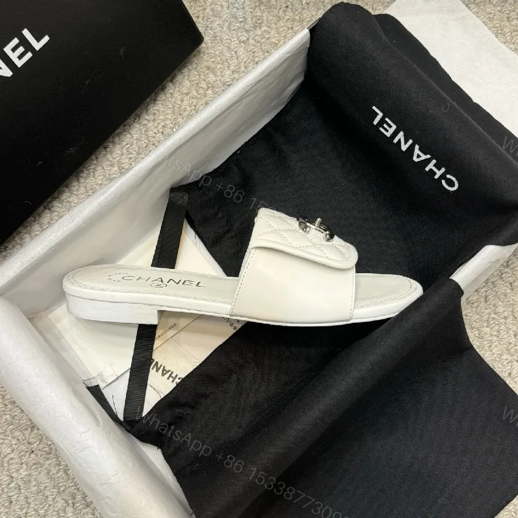 View 2 of Quilted White Leather Slides with Logo Detail, Open-Toe Slide, Luxury Comfort