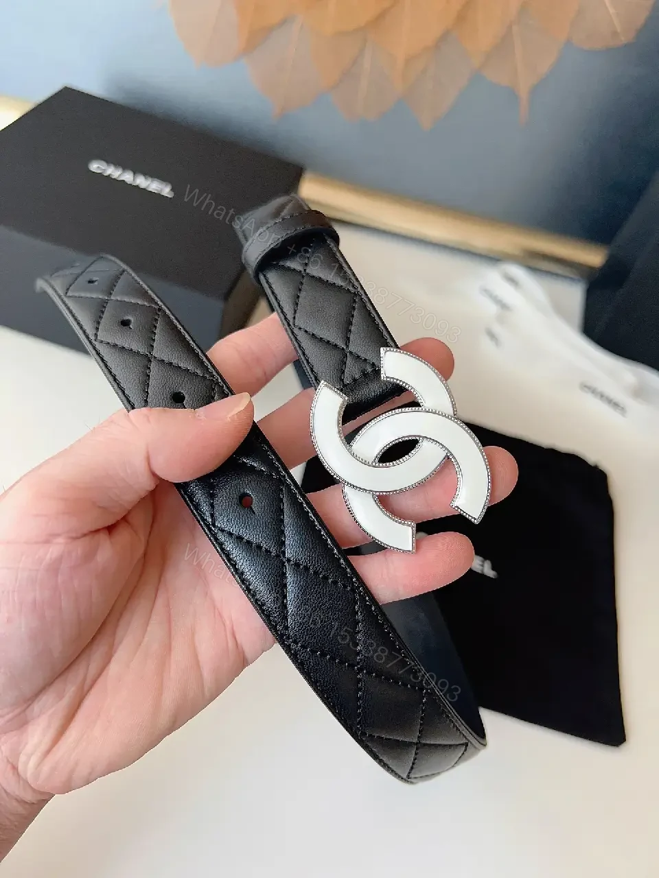 View 3 of Quilted Leather Belt, Double Buckle, Black, Minimal Luxury