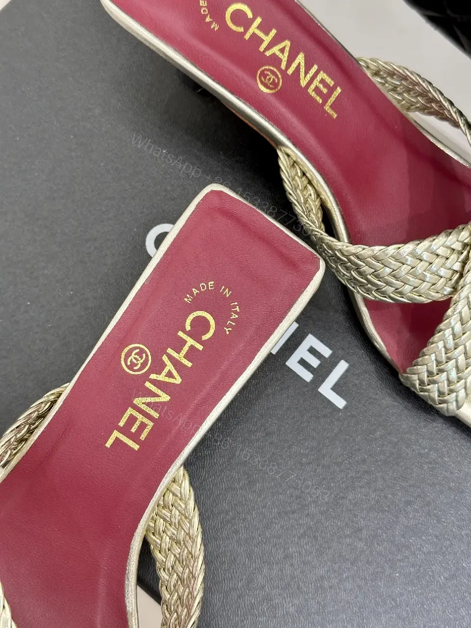 View 2 of Pink Red Metallic Sandal Signature Twist Chanel Shoes