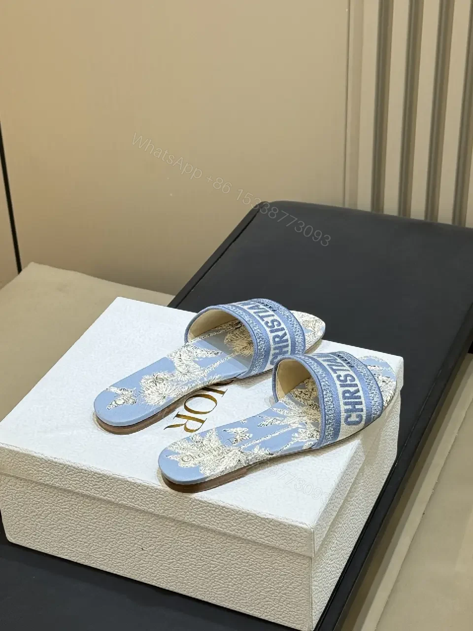 View 7 of Blue Denim Slide Sandals Palm Print Christian Dior Style Logo Strap Sandals