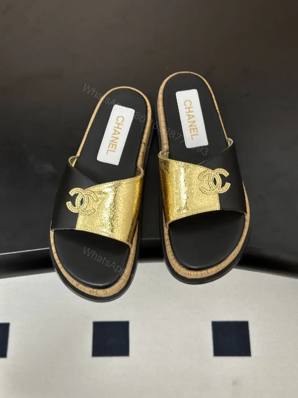 View 5 of Black Leather Luxury Chanel Logo Slide Sandals