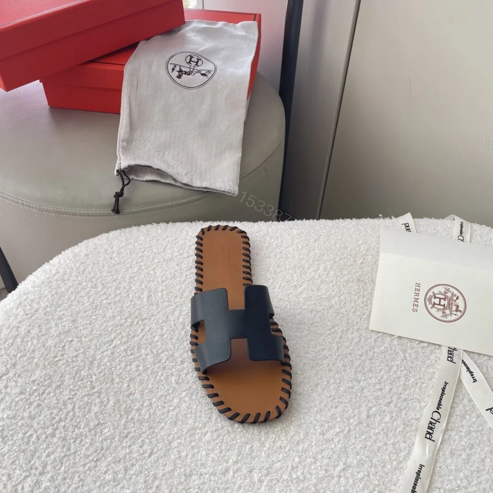 View 6 of Hermes Oran Sandals Stitching In Black And Brown