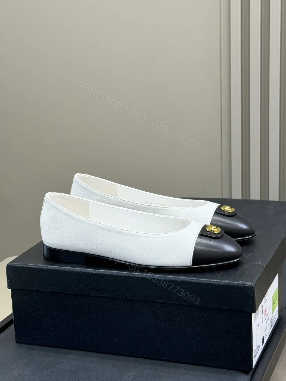 View 2 of White & Black Ballet Flats | Gold-Emblem Flat Shoes, Minimalist Luxe