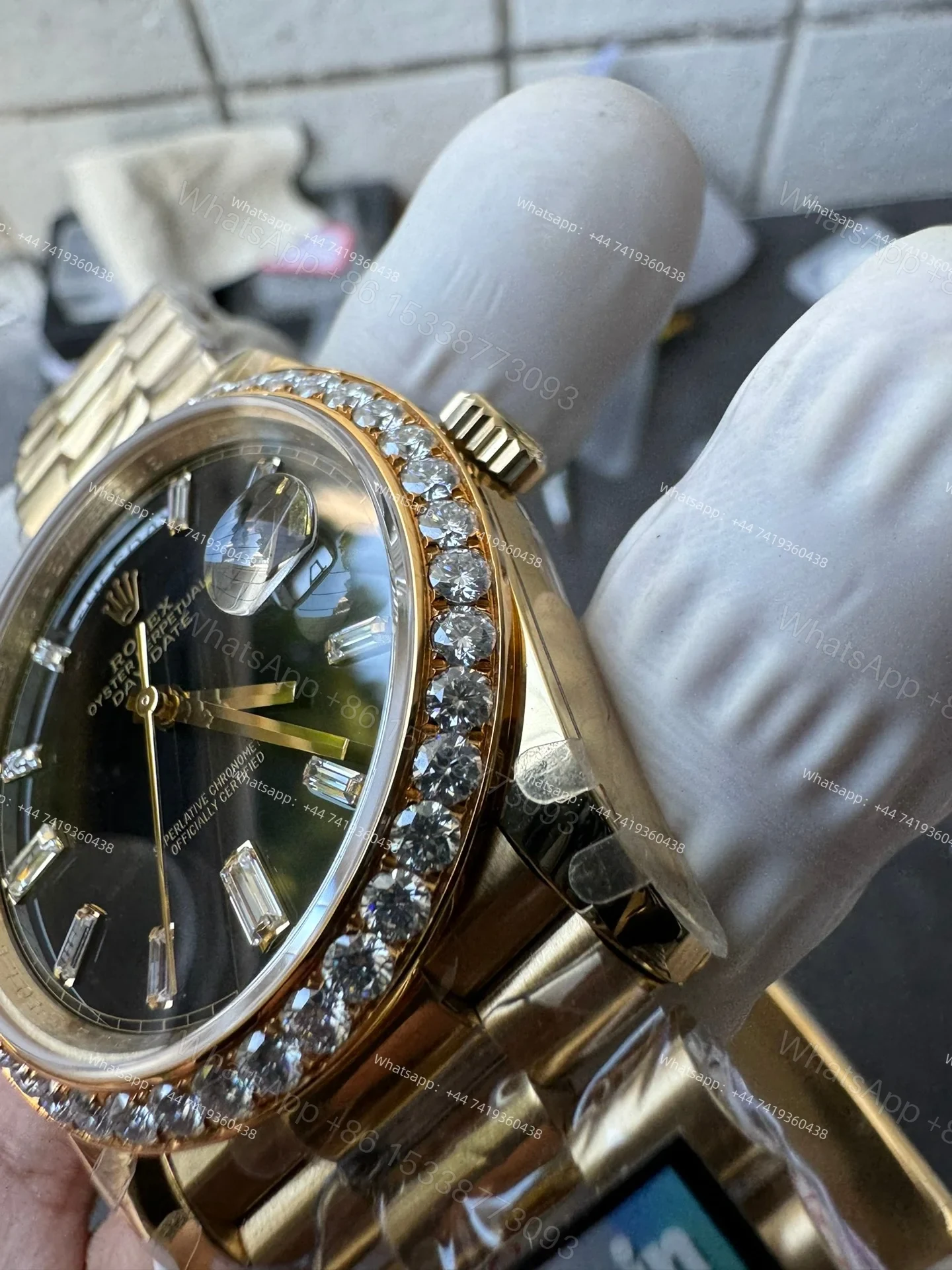 View 3 of Rolex Day-Date M228348RBR-0001 1:1 Replica Moissanite Diamond Bezel Black Dial 40MM 3255 Movement Super Clone Watch