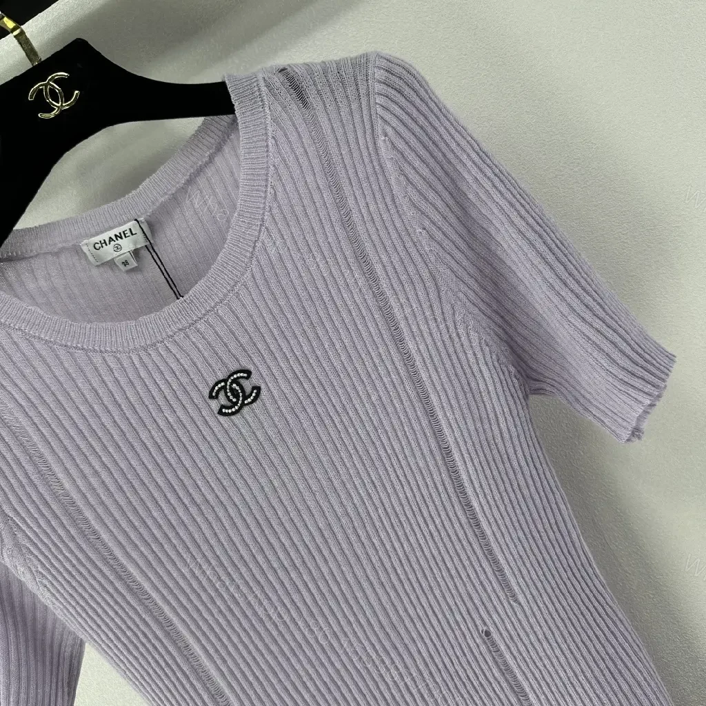 View 6 of Soft Lilac Knit Tee: Subtle Emblem, Effortless Luxury Top