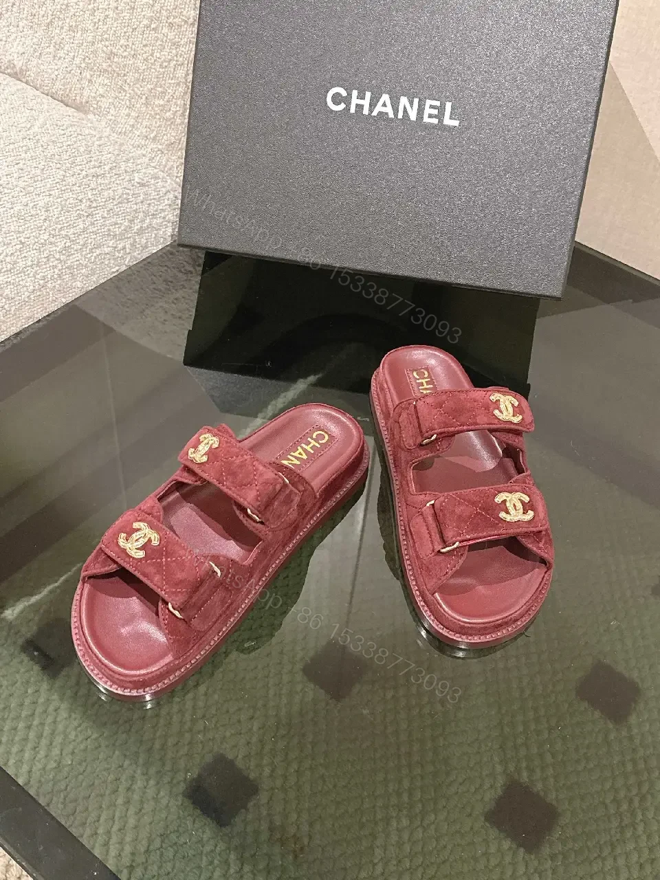 View 9 of Velvet Burgundy Slide Sandals – Luxe Comfort, Gold Hardware