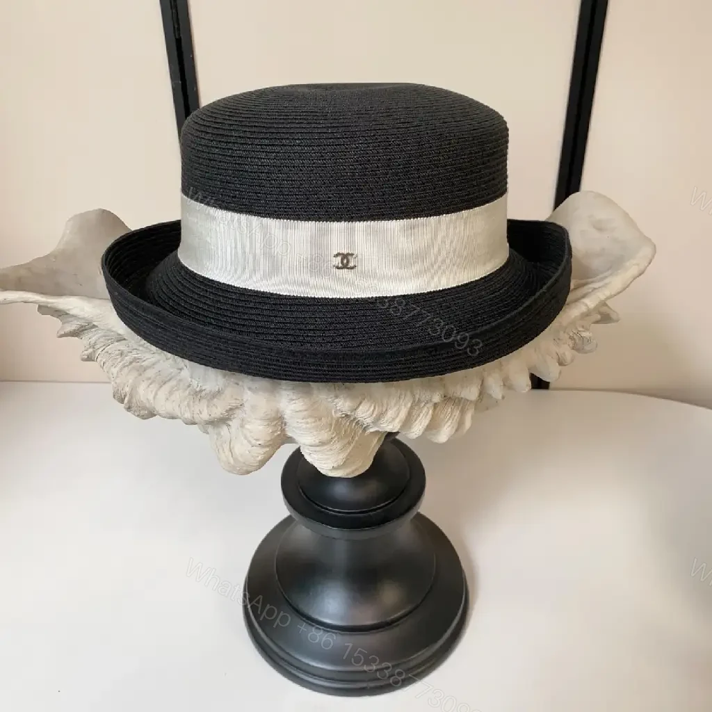 View 7 of Black Straw Fedora Hat with Beige Band Chanel Logo - Classic Style