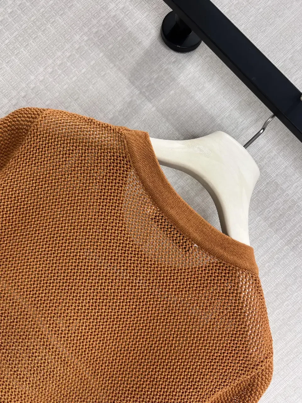 View 5 of Warm Brown Knit Top with White CH RISTIAN DIOR Band, Star, Open Weave Short Sleeve