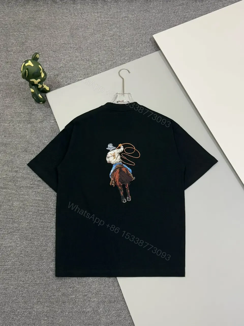 View 6 of Black Cotton Tee with Cowboy Motif & Hem LV Emblem, Premium Luxe Style