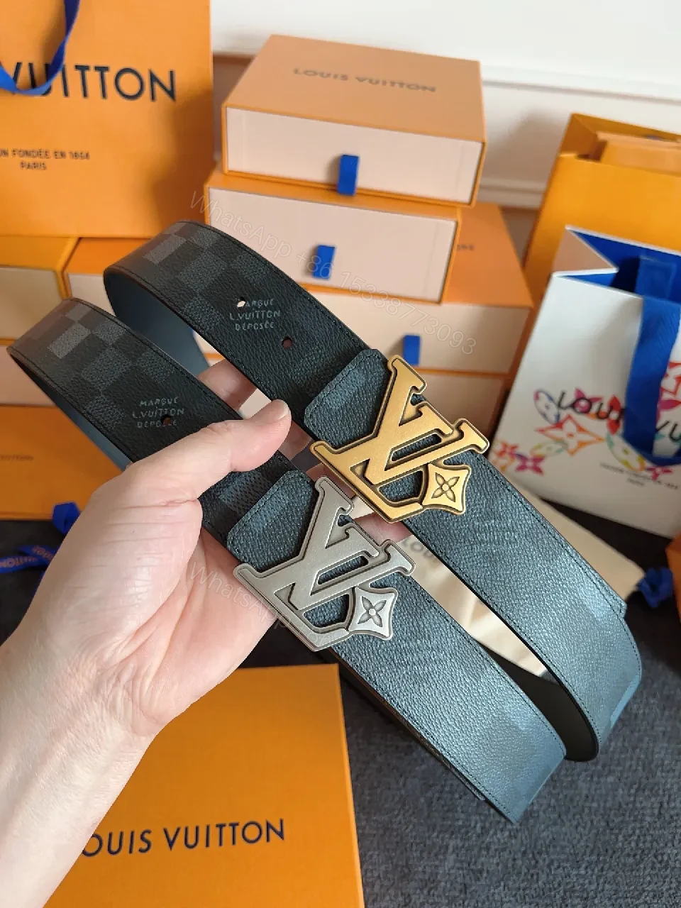 View 8 of Damier-Check Textured Belt with Bold LV Buckle
