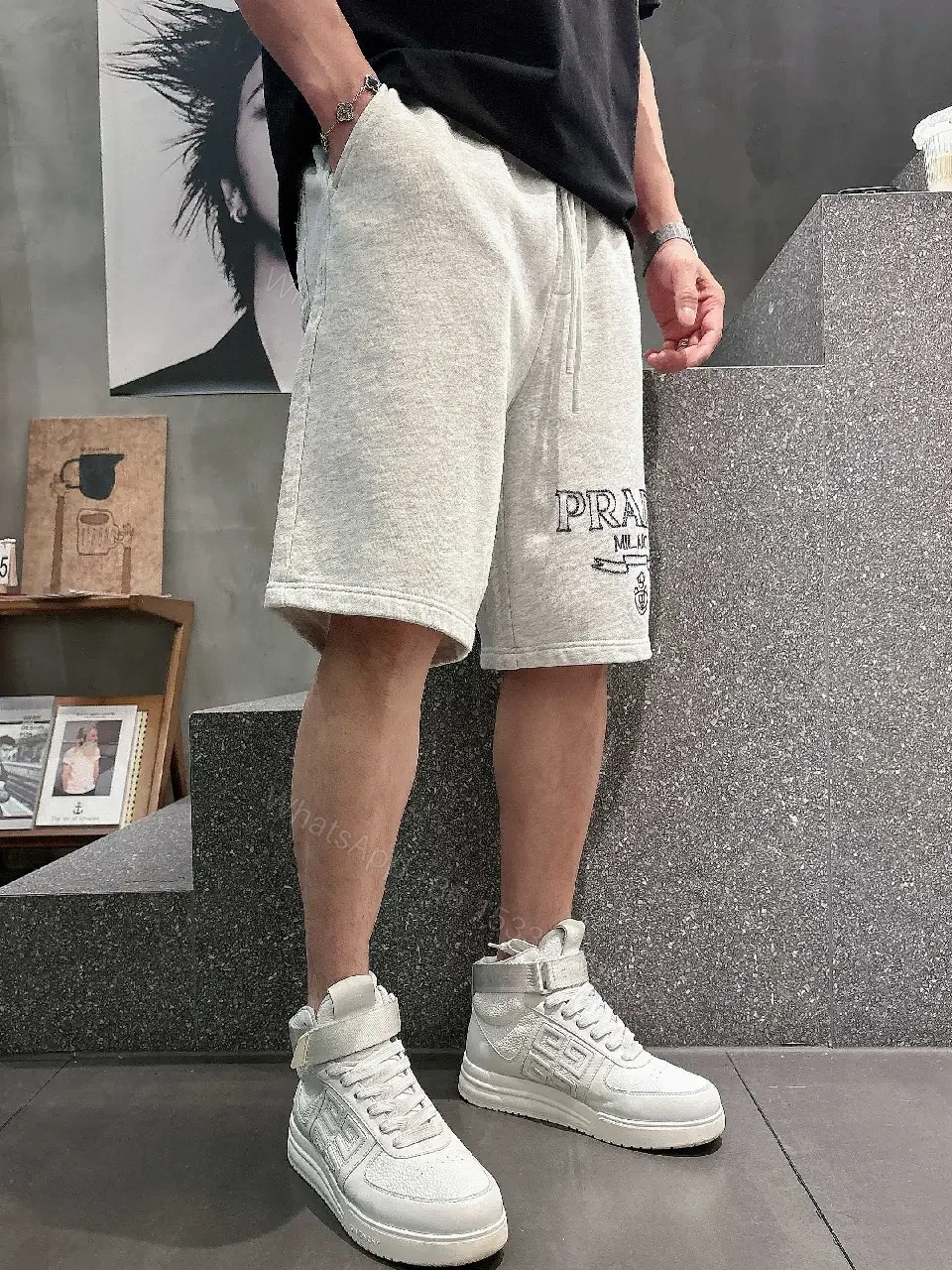 View 7 of Gray Hoodie Shorts Fabric Streetwear Drawstring Shorts