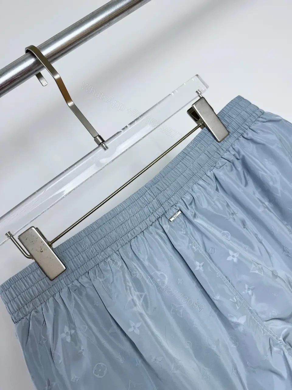 View 2 of Light Blue Satin Shorts with LV Monogram Print