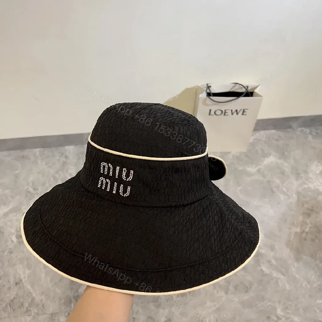 View 5 of Structured Black Straw Bucket Hat — Crystal Logo Accent, All-Season Style