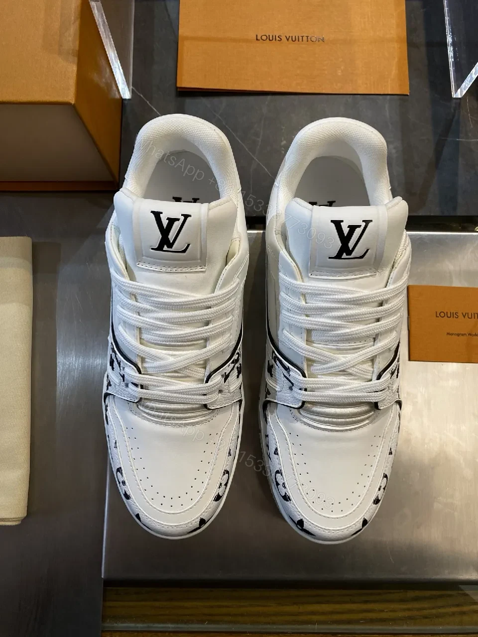 View 2 of White Leather LV-Patterned Sneakers: Luxe Monogram Streetwear
