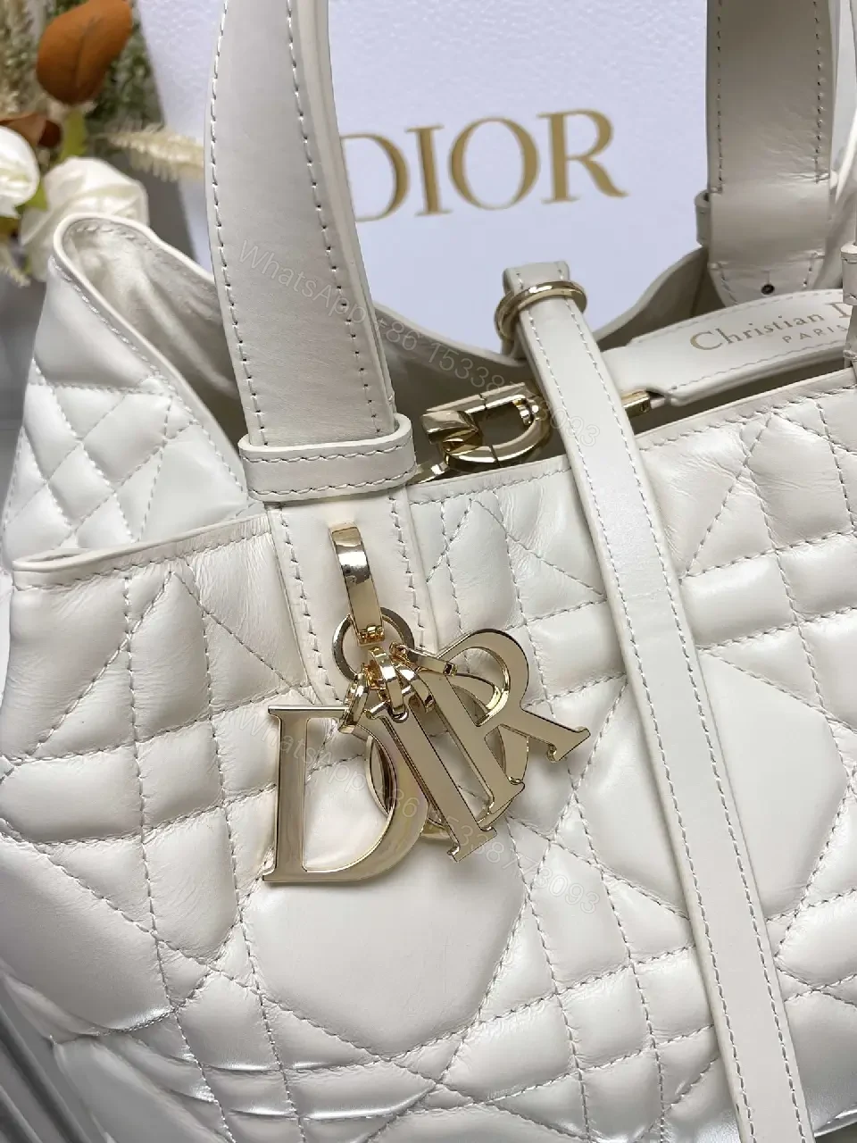 View 10 of Soft Quilted Dome Handbag, Ivory Leather, Couture-Inspired, Gold Charm, Handbag
