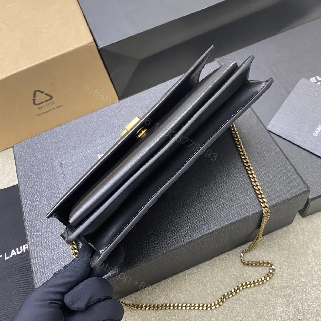 View 4 of Chic Black Leather Shoulder Clutch with Gold Logo