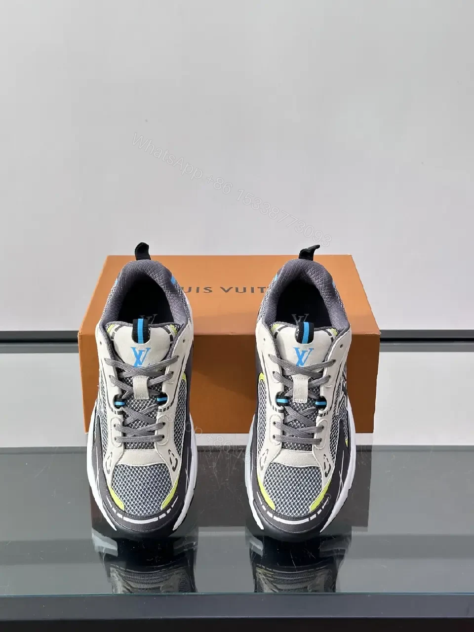 View 8 of Gray/Black Mesh Leather Sneaker with LV Accents, Sporty Chunky Style