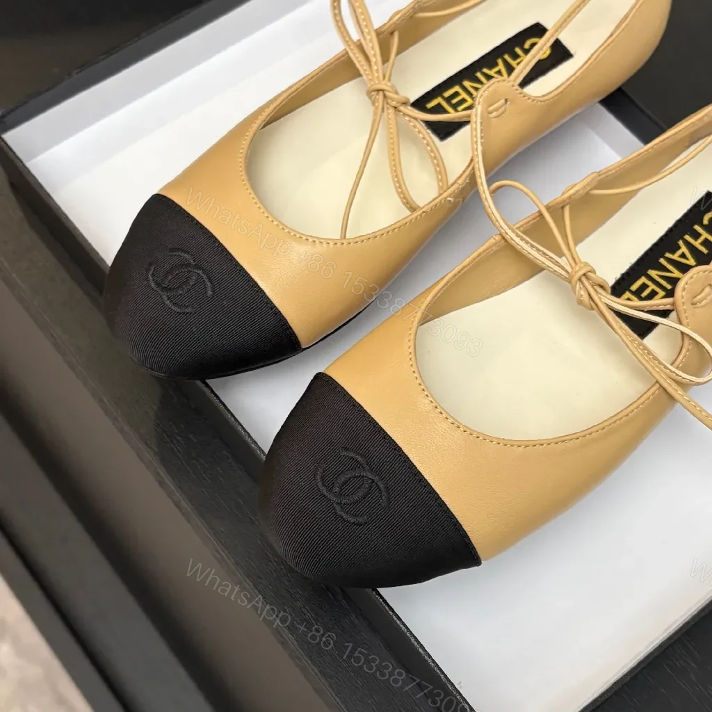 View 4 of Tan Leather Ballet Flats – Black-Tipped, Bow Accent, Cushioned Comfort