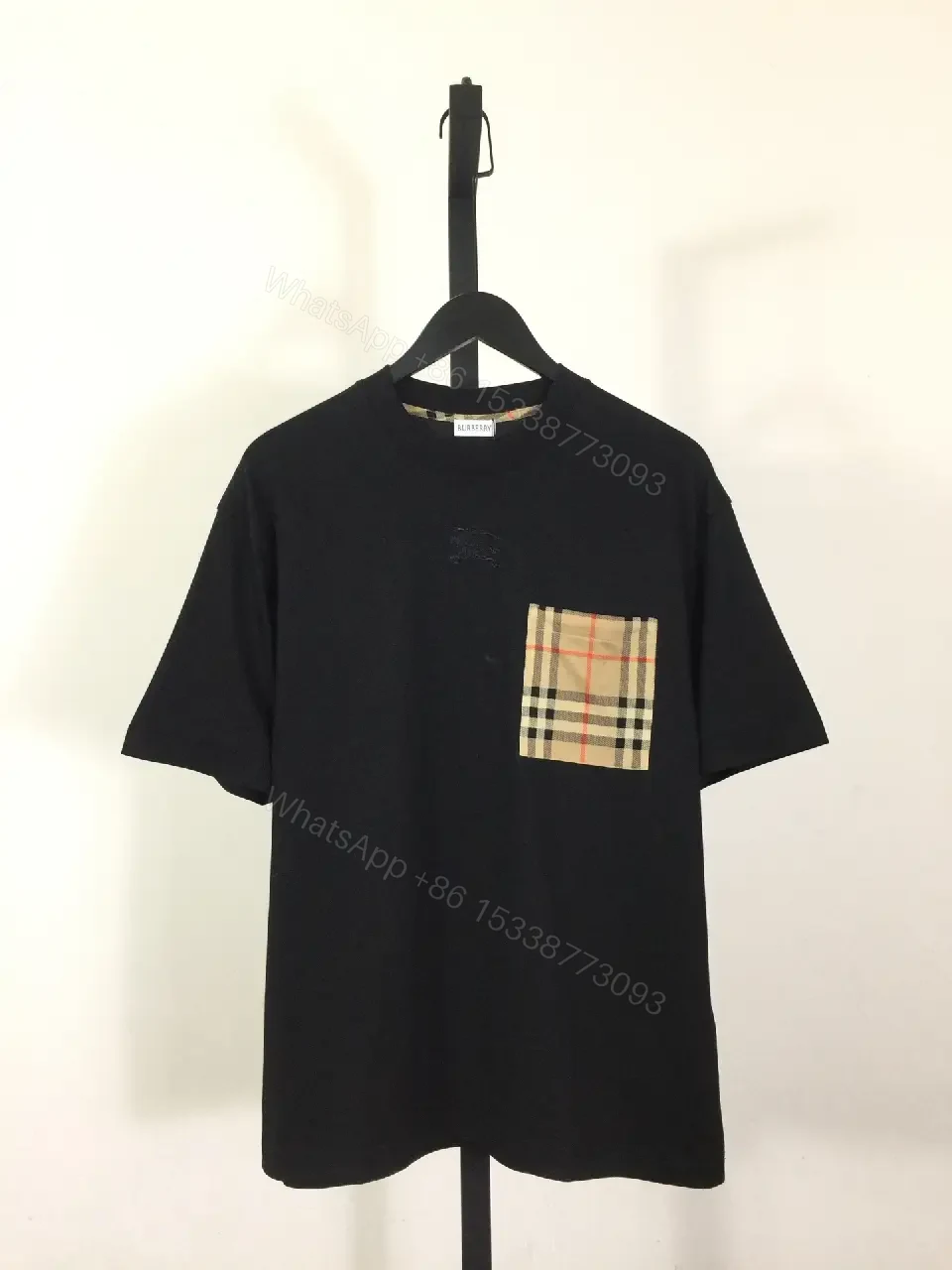 Black Cotton Tee with Plaid Pocket - Premium Casual Shirt — view 1