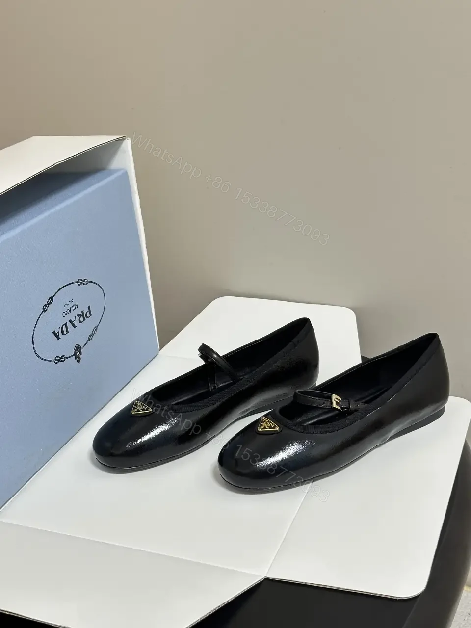 View 3 of Black Leather Ballerinas Prada Logo Classic Style Gossamer Comfort Shoes