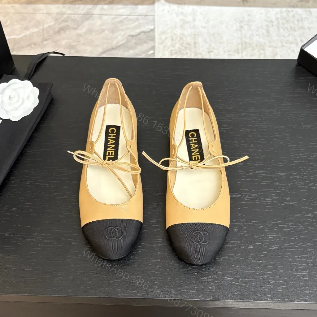 View 3 of Tan Leather Ballet Flats – Black-Tipped, Bow Accent, Cushioned Comfort